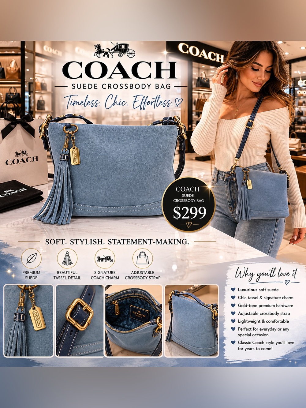 Coach Legacy Vintage Dusty Blue Suede Crossbody Bag with Tassel